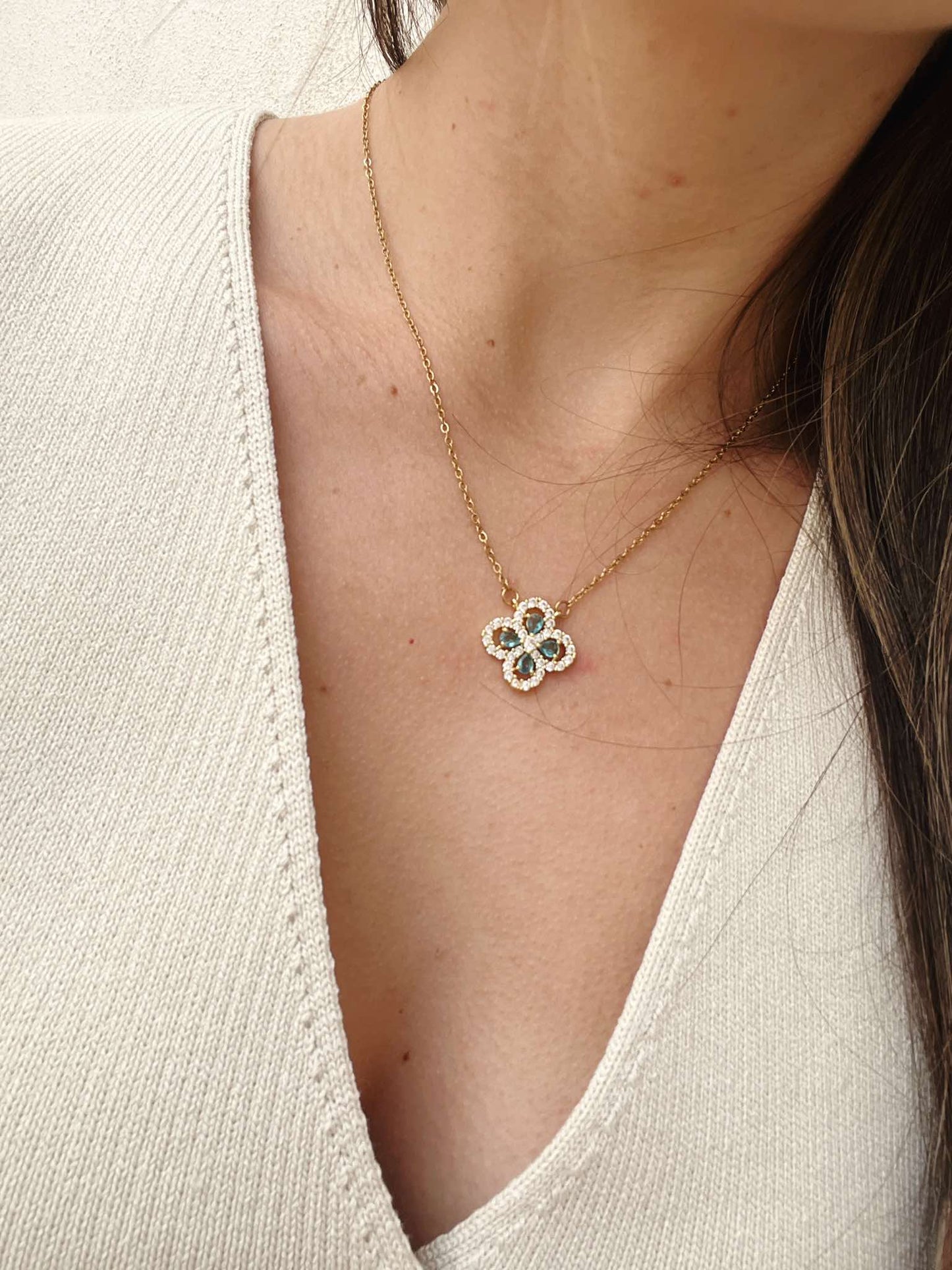 Aquamarine Diamond Clover Necklace