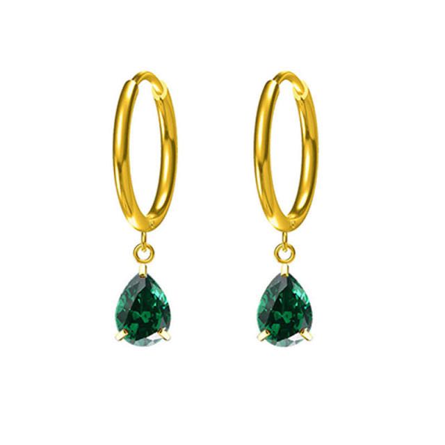 Gold Huggie With Drop Charm - Emerald Green