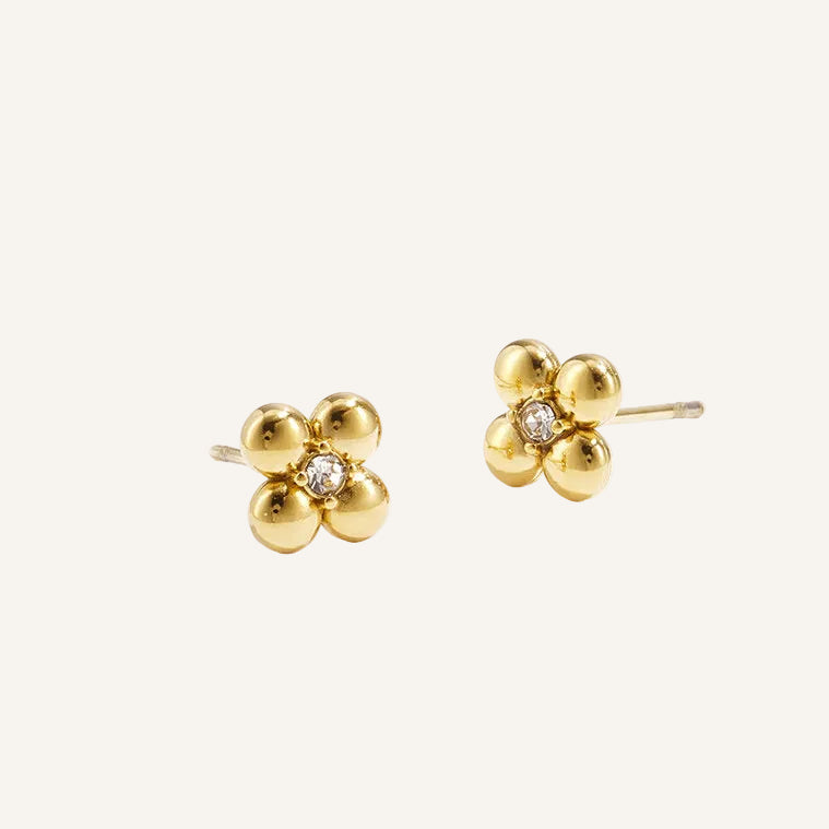 bubble flower stud earrings in gold with rhinestone
