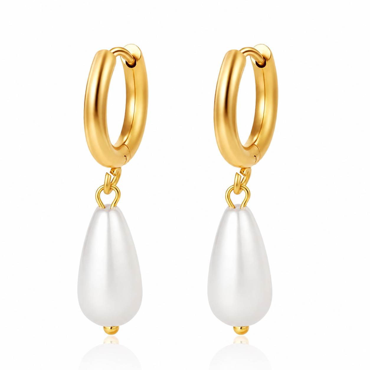 Gold huggie hoop earrings with elegant white teardrop pearl pendants