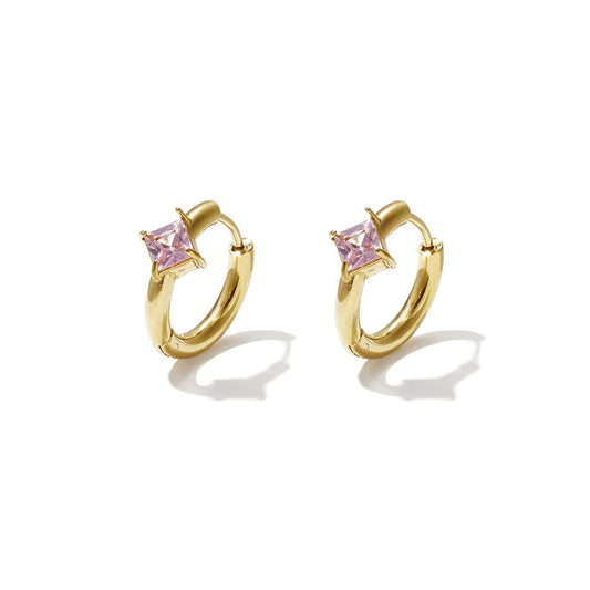 Gold huggie earrings with square blush-pink zircon stones.
