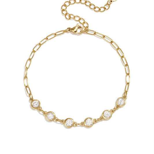 Gold paperclip chain bracelet with five clear round bezel-set stones.