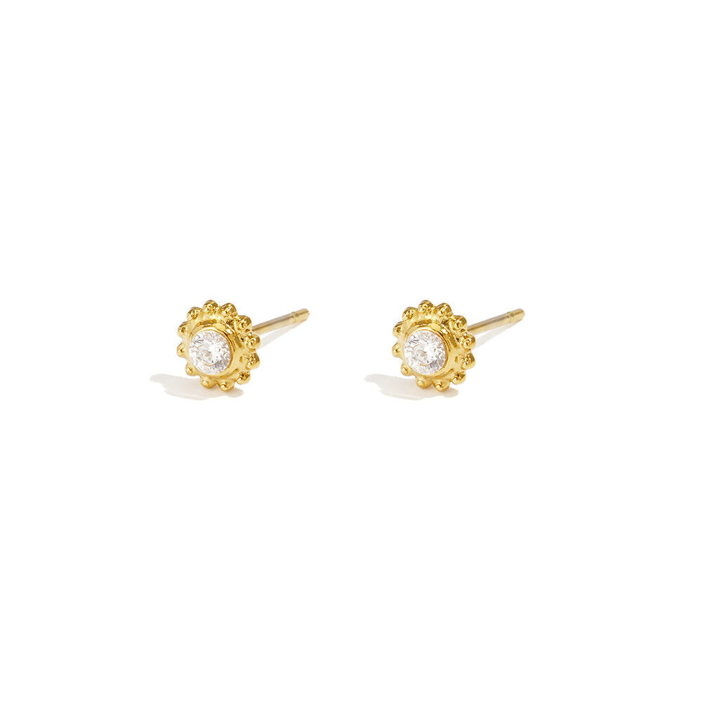 Small gold sunburst stud earrings with clear round crystal centres