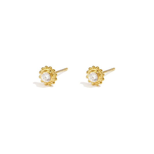Small gold sunburst stud earrings with clear round crystal centres