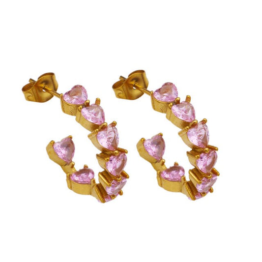 Gold Hoops With Pink Hearts