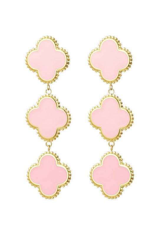 Dangling earrings with 3 clovers - Pale Pink