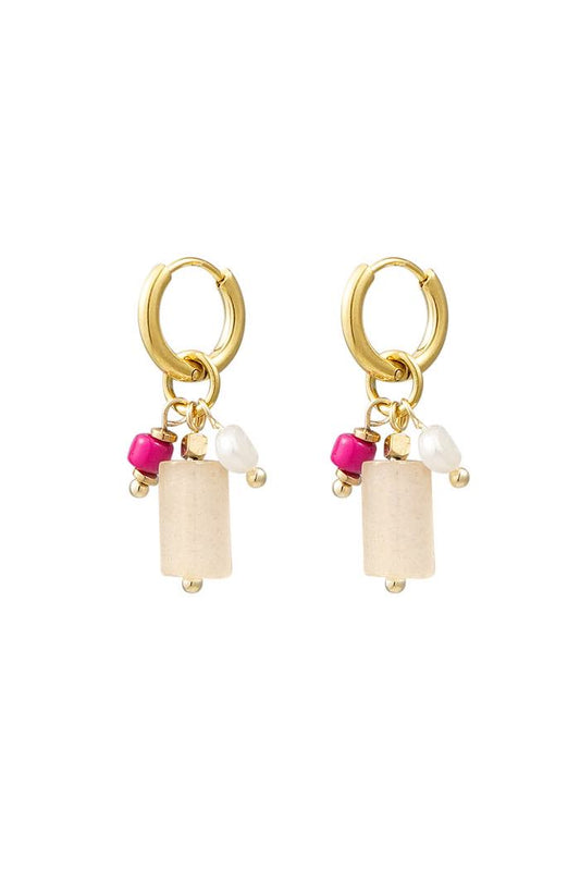 Gold earrings with pink bar & beads
