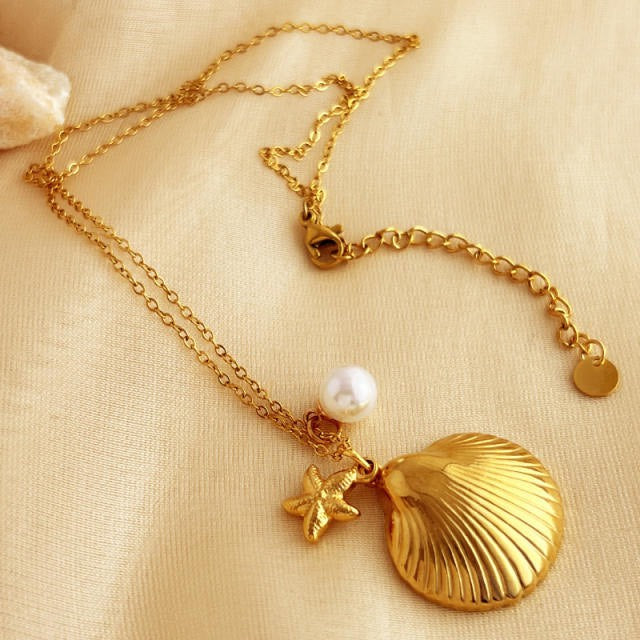 Ocean Shell Necklace With Pearl & Starfish Charm Necklace