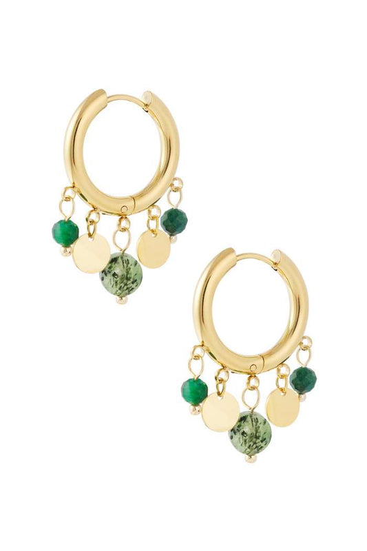 Gold Hoops with gold coins and green beads