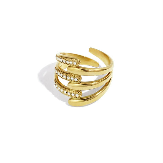 Gold-plated multi layer ring with rhinestone details, minimal sparkle jewellery Malta