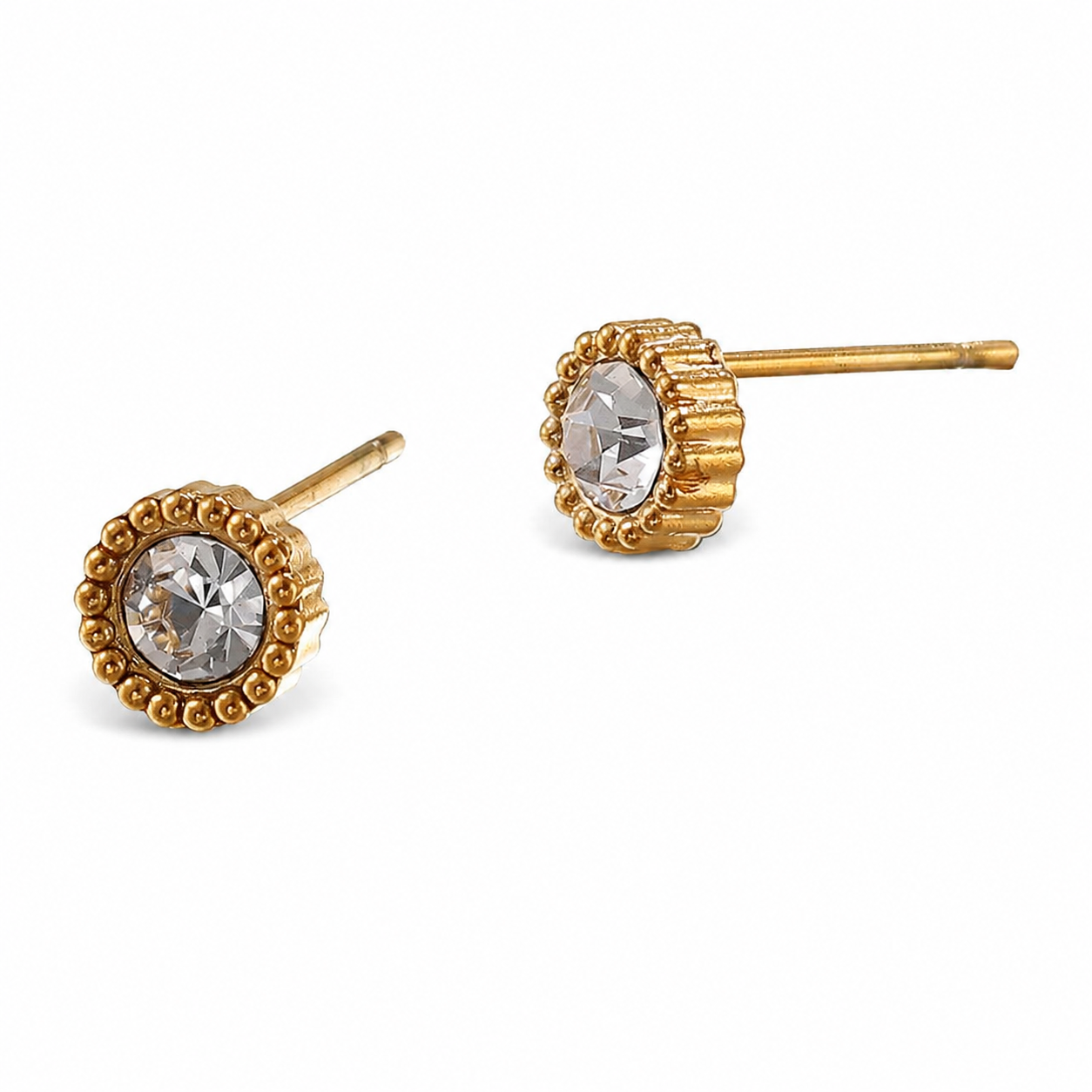 Small round gold stud earrings with clear crystal centres and delicate textured edging