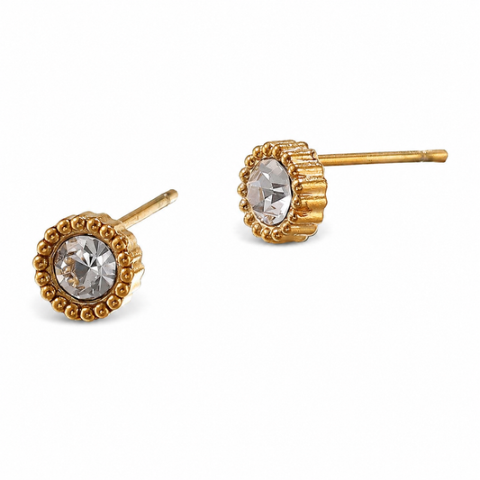 Small round gold stud earrings with clear crystal centres and delicate textured edging
