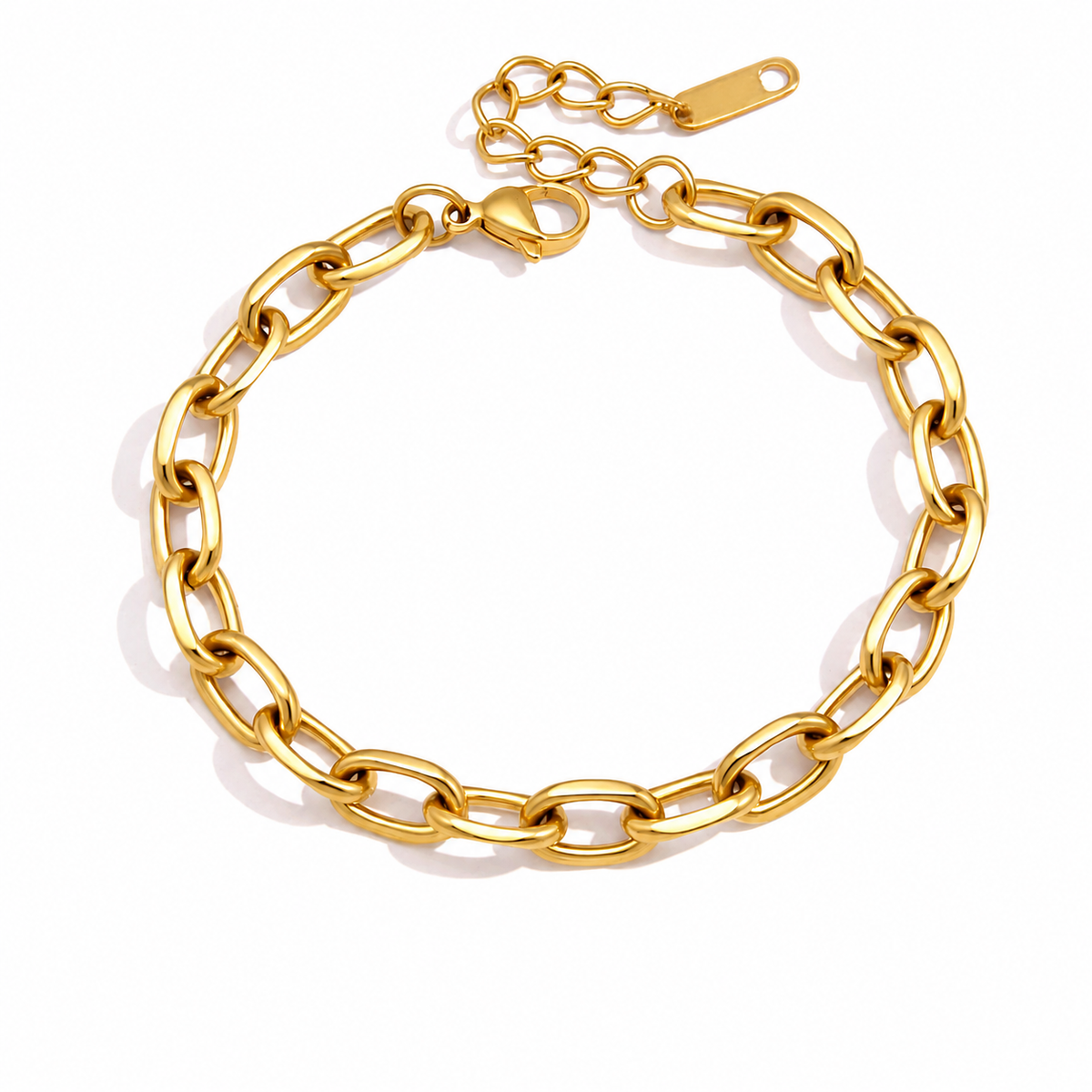 Chunky gold link charm bracelet with elongated links and adjustable extender chain for adding personalised charms