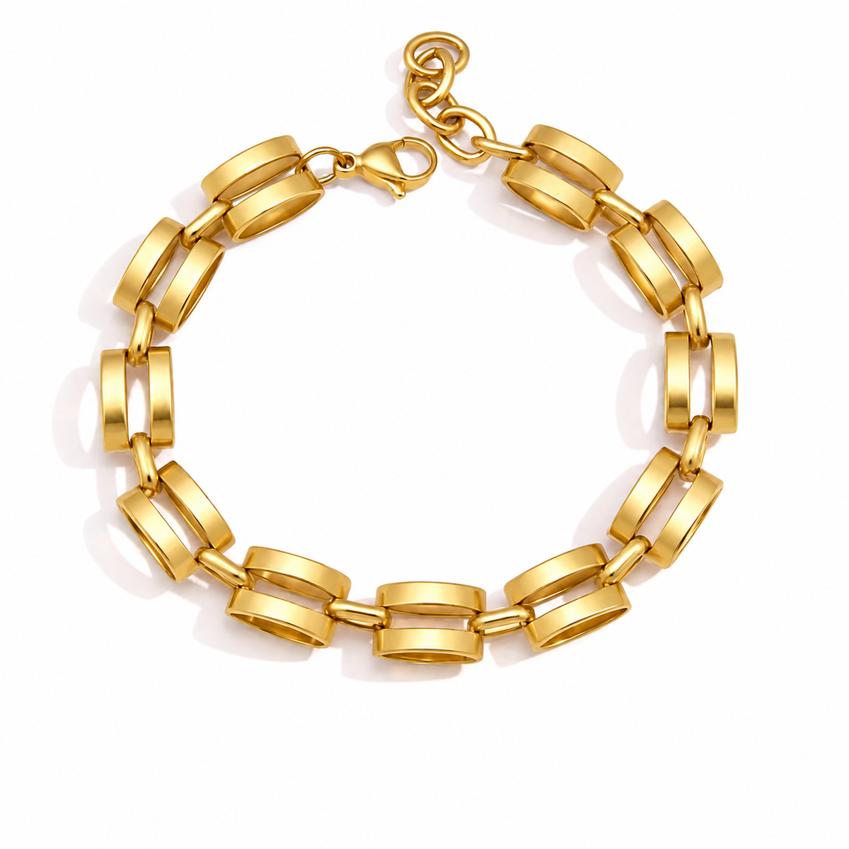 Gold statement bracelet featuring chunky double links with a polished finish and adjustable extender chain.