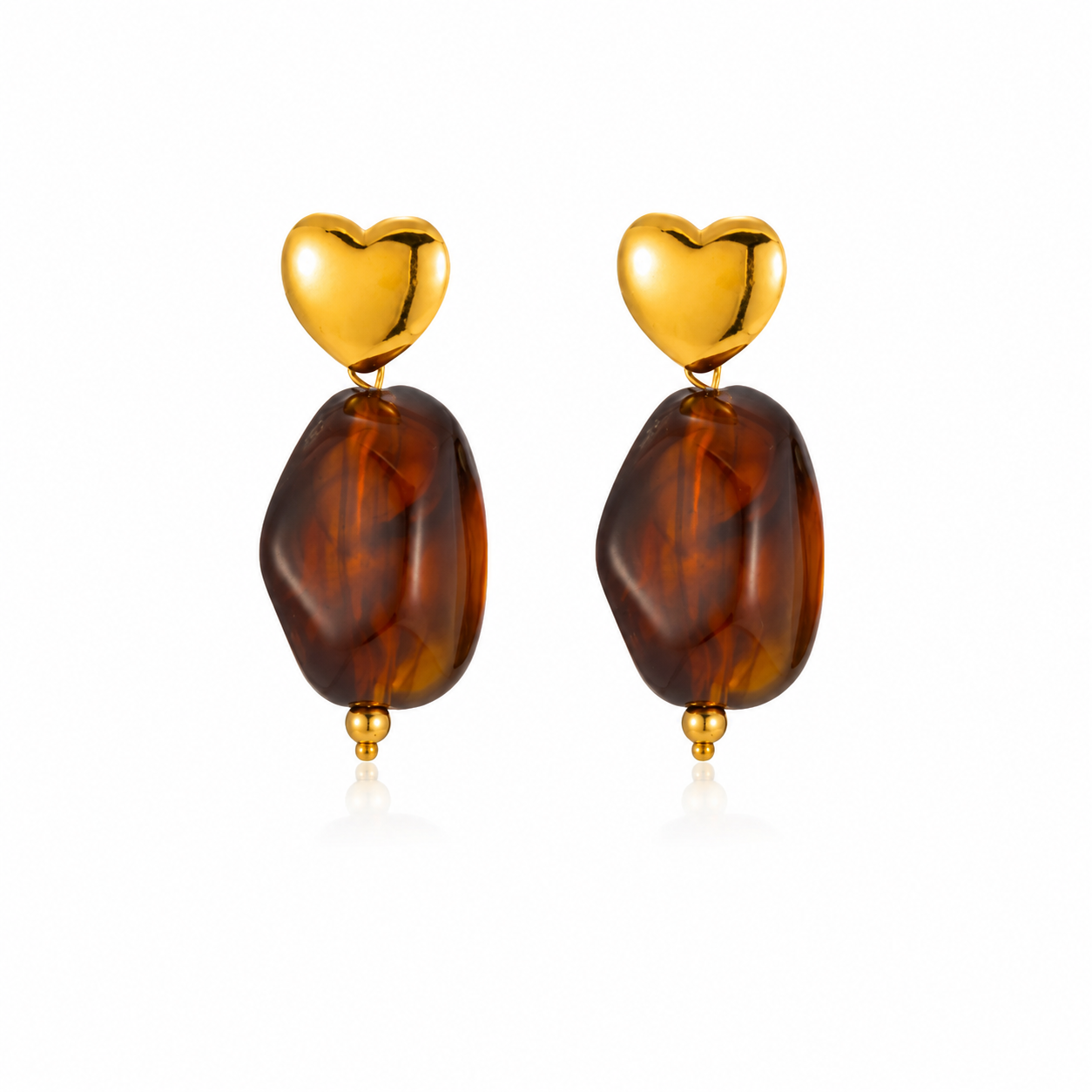 Gold heart drop earrings with organic amber brown pendants in warm autumn tones