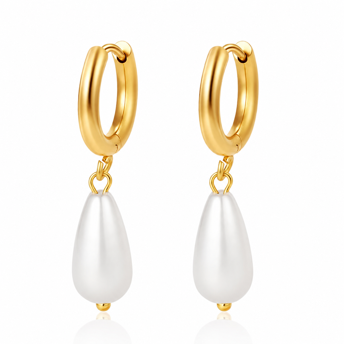 Gold huggie hoop earrings with elegant white teardrop pearl pendants

