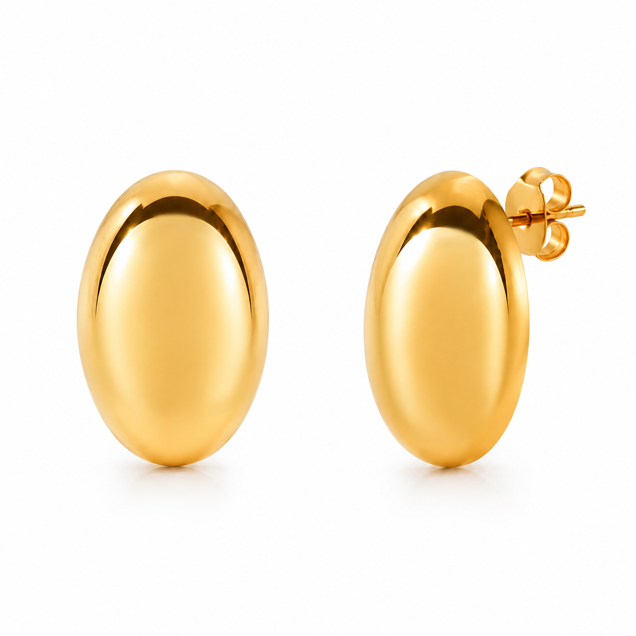 Polished gold oval statement stud earrings in stainless steel with a smooth sculptural finish