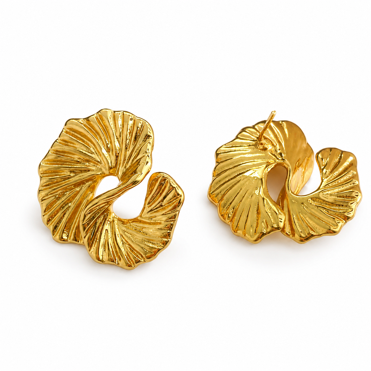 Gold sculptural statement earrings with textured folded fan design.
