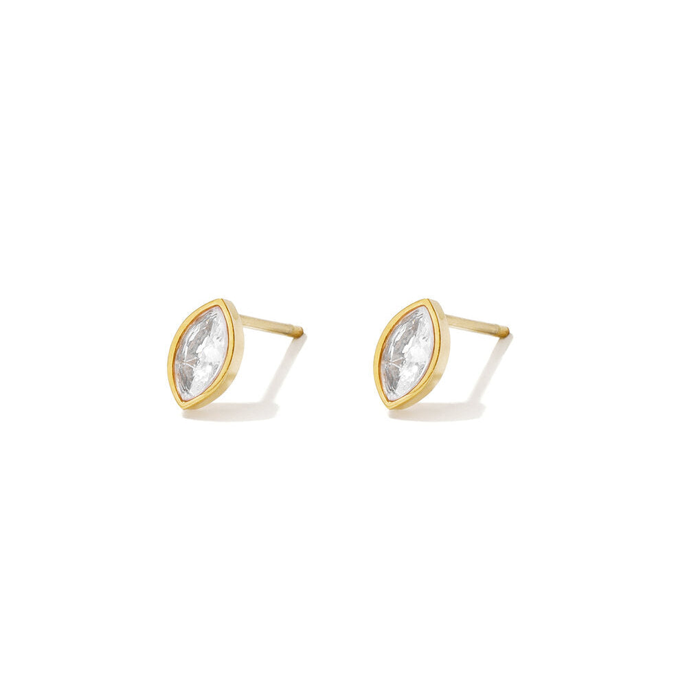 Open oval gold stud earrings with a clear crystal centre.