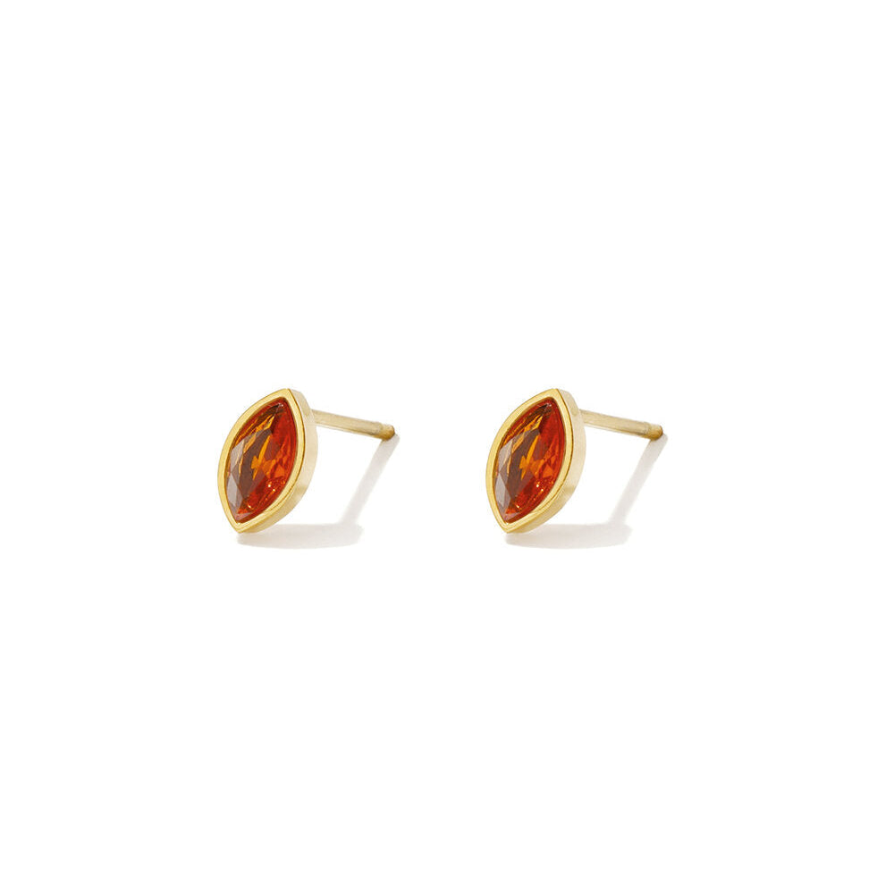 Gold marquise stud earrings with burnt-orange stones.
