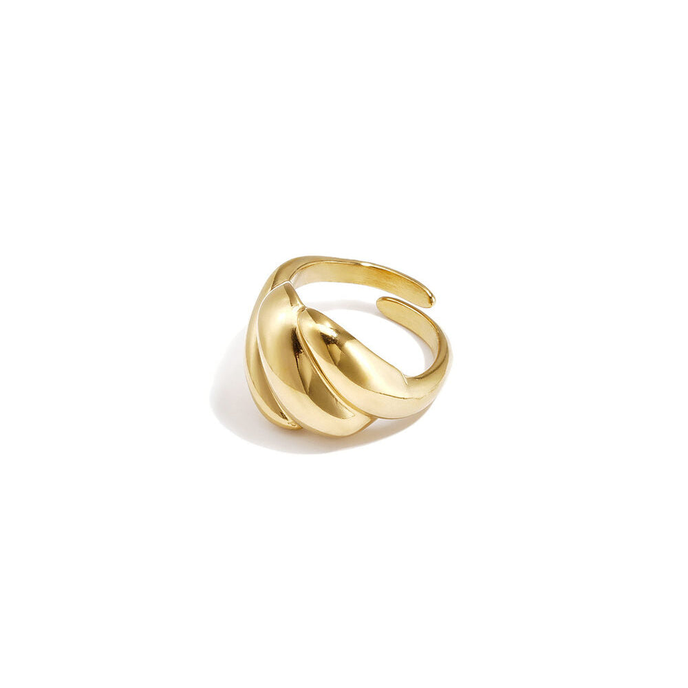 Polished gold ring with layered twisted sculptural bands