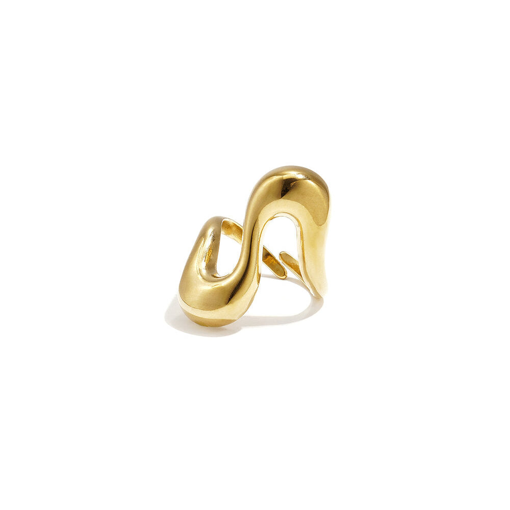 Polished gold sculptural ring with a fluid asymmetrical wave design.

