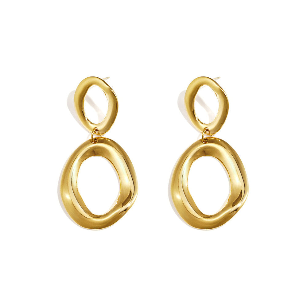 Gold drop earrings with two irregular open oval sculptural forms