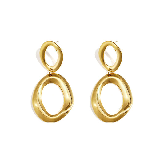 Gold drop earrings with two irregular open oval sculptural forms